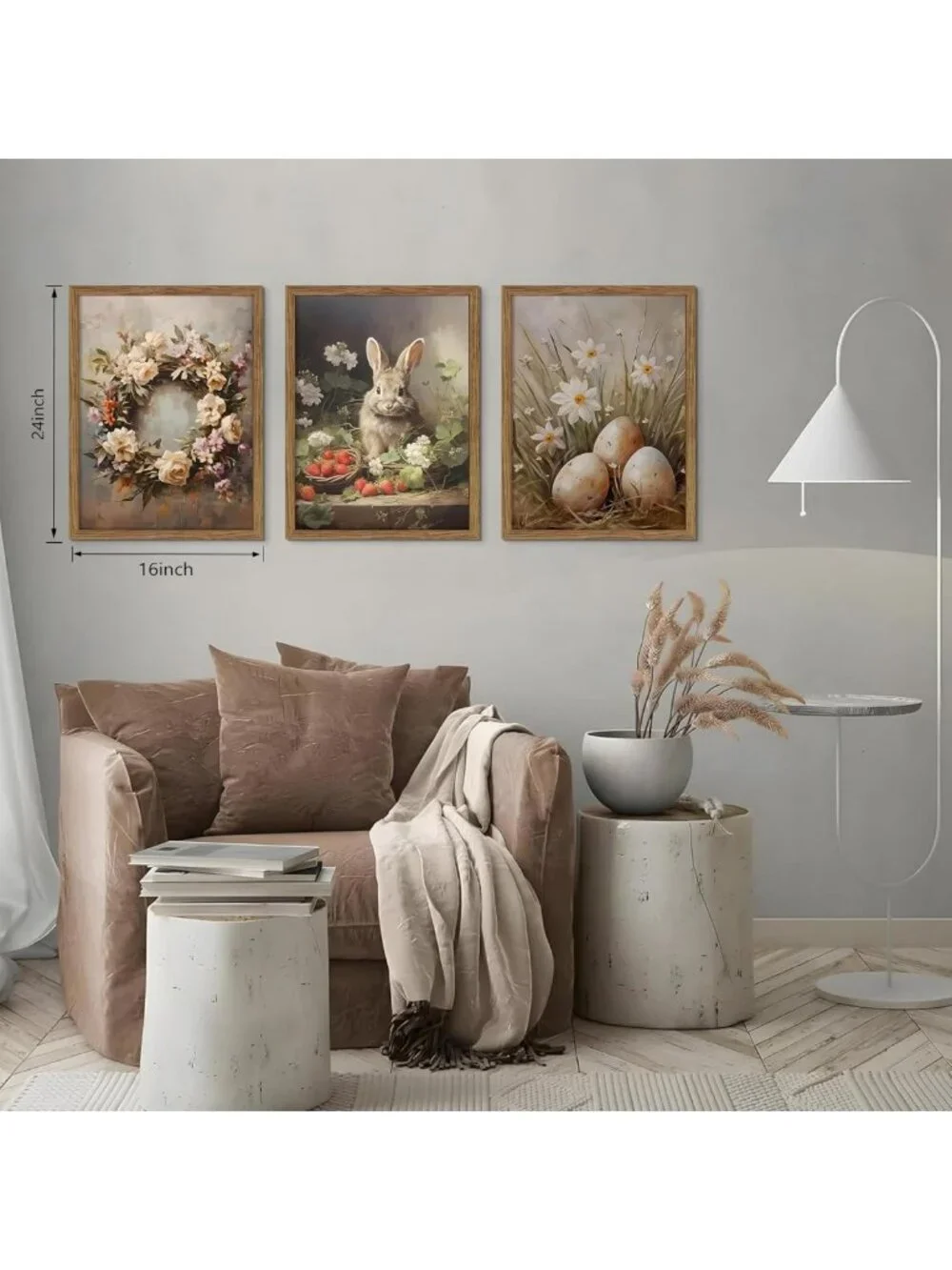 Vintage Easter Bunny Wall Art Set of 3 - Rustic Spring Canvas Decor for Home